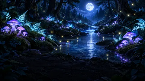 Moonlit Creek With Glowing Mushrooms