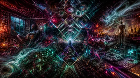 Surreal Figures in Neon Tunnels