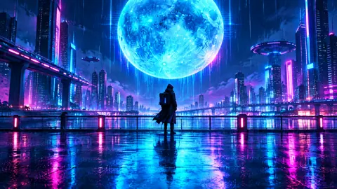 Hooded Courier Beneath Holographic Moon