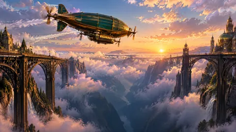 Steampunk Airship Above Viaducts